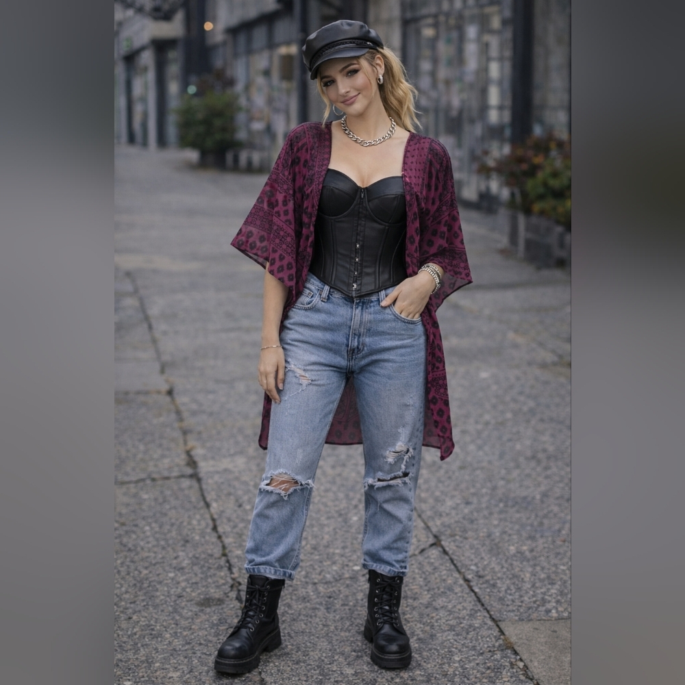 Express Sheer Magenta Black Kimono Top XS Flowy Layering